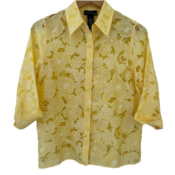 Alfred Dunner Sheer Button Front Blouse Size 6 Petite Colorful Yellow Floral - Picture 1 of 10